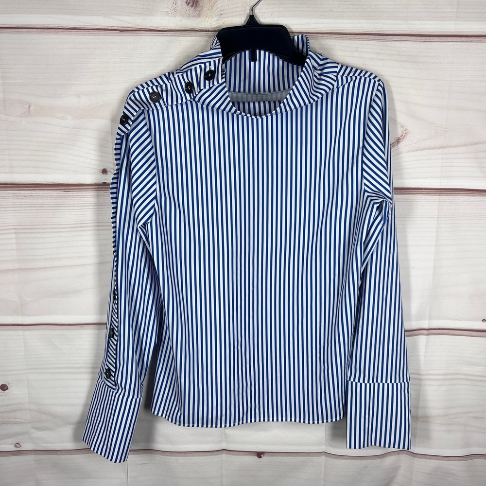 Unbranded Striped Blouse Womens Small Blue White Button Shoulder Long Sleeve Top